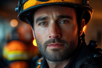 Close-up portrait of a focused firefighter wearing a yellow helmet and uniform with blurred background lights