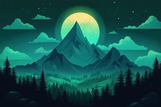 Serene nighttime mountain landscape with a bright full moon, starry sky, scattered clouds, and dense pine forest in foreground evoking calm and tranquility