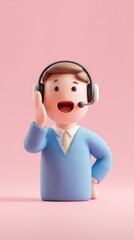 Customer service representative with headset on pink background.