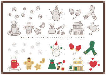 Hand-drawn Cute Christmas Set (Winter Motifs, White Background) – 手描き風かわいいクリスマス素材セット（冬モチーフ／茶ライン・白背景）