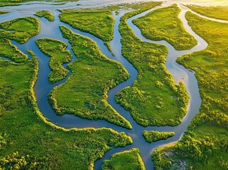 Aerial view of winding rivers flowing through lush green marshland at sunset with golden light illuminating the vibrant landscape