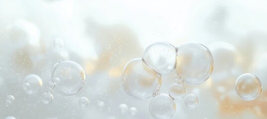 Close-up view of transparent soap bubbles floating against a soft blurred light background with warm and cool tones