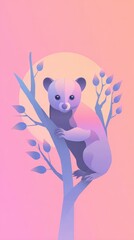 Cute Bear Climbing Tree with Pink and Purple Hues.