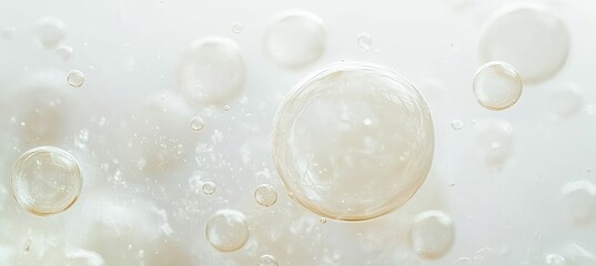 Close-up view of translucent liquid bubbles suspended in a pale, milky environment creating a soft and delicate abstract composition