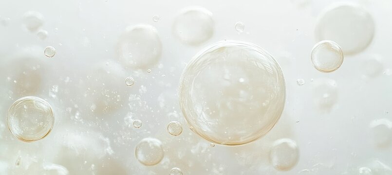 Close-up view of translucent liquid bubbles suspended in a pale, milky environment creating a soft and delicate abstract composition