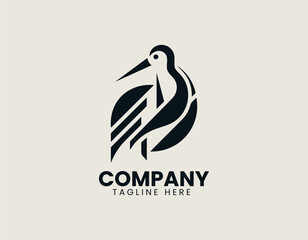Geometric stork standing gracefully with abstract lines in modern vector logo design illustration