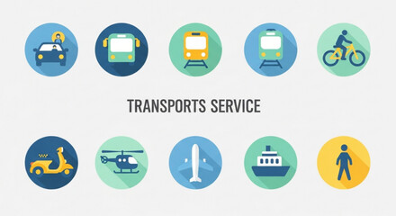 Collection of vector icons representing various transportation services, including car, bus, train, bicycle, and other modes of transport