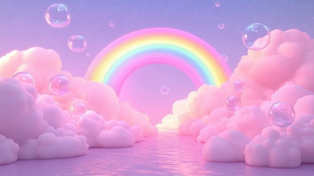 Surreal serene landscape with soft pink clouds surrounding a calm water path under a glowing pastel rainbow and floating transparent bubbles in a twilight sky - Powered by Adobe
