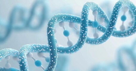 Close-up of a blue and white DNA double helix structure with molecular connections in a soft-focus background evoking scientific and biological complexity