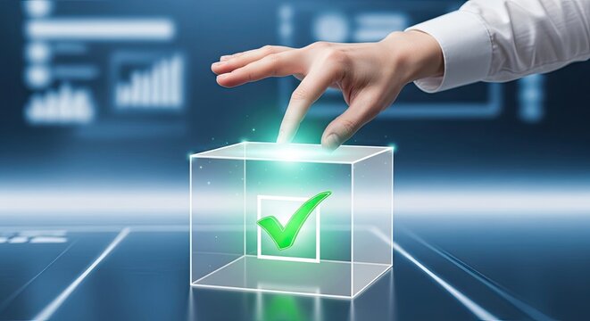 Hand selecting a green check mark on a futuristic cube interface