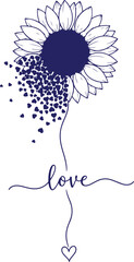Vector art of sunflower with heartshaped petals dissolving into the word love and a heart