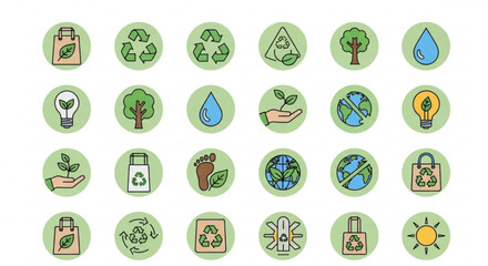 Ecofriendly and sustainability icons, representing recycling, renewable energy, and environmental conservation for green initiatives