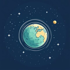 Naklejka premium Illustration of planet Earth surrounded by orbiting lines and small stars with a smaller planet in the background on a dark blue space backdrop