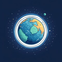 Naklejka premium Illustration of Earth from space showing continents and oceans surrounded by stars and a smaller planet in the background with dark blue space