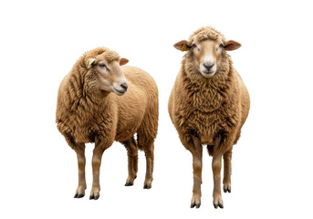 Fototapeta premium Two sheep standing side by side stock photo, farm animals, livestock, wool, lambs, agriculture, pasture, herd isolated on transparent background