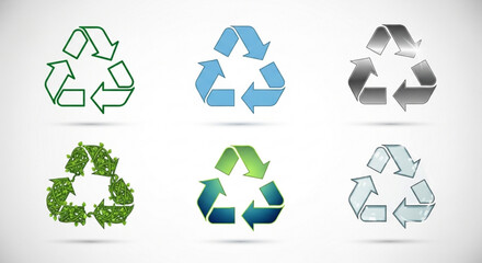 Collection of six recycling symbols in different styles, showcasing the universal icon for environmental conservation and sustainable practices