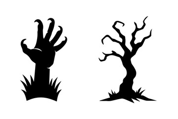 Set of two classic spooky Halloween silhouettes: a zombie hand rising from grass and a gnarled, bare tree, conveying eerie landscapes, horror themes, and traditional holiday graphics