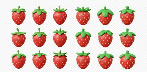 A grid of fifteen 3D rendered strawberries with green leaves on a transparent background.