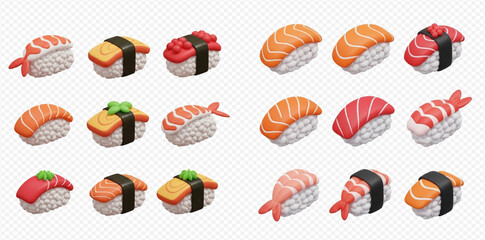 A variety of sushi pieces are displayed on a transparent background.