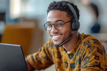 Young man with glasses smiling while wearing a headset and working on a laptop in a bright indoor setting