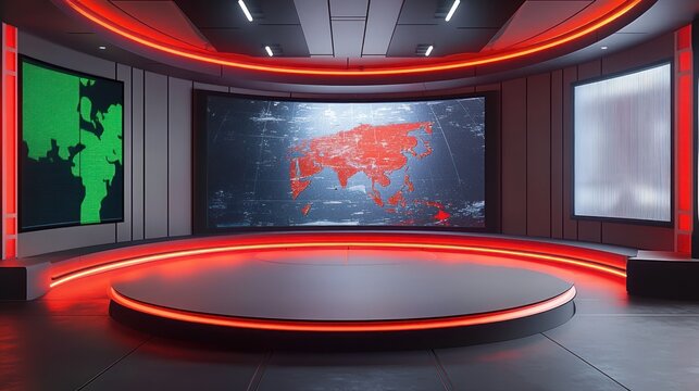 Modern futuristic presentation room with curved digital screens displaying red and green world maps surrounded by red neon lights and circular platform