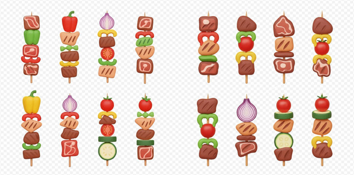 Illustration of colorful skewers with meat and vegetables on a stick.