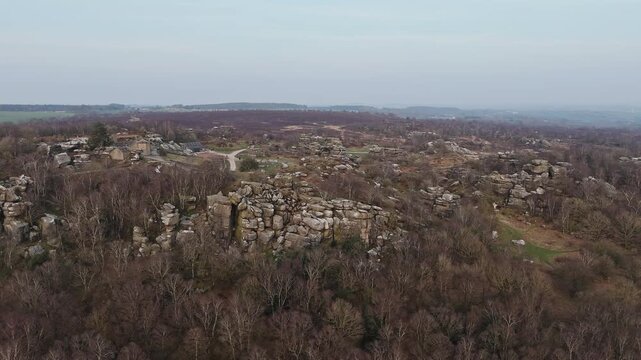 Aerial pov of Brimham Rocks National park in the United Kingdom.