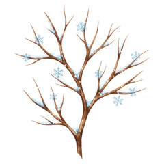 Obraz premium Bare winter tree branches covered with soft snow and decorative blue snowflakes