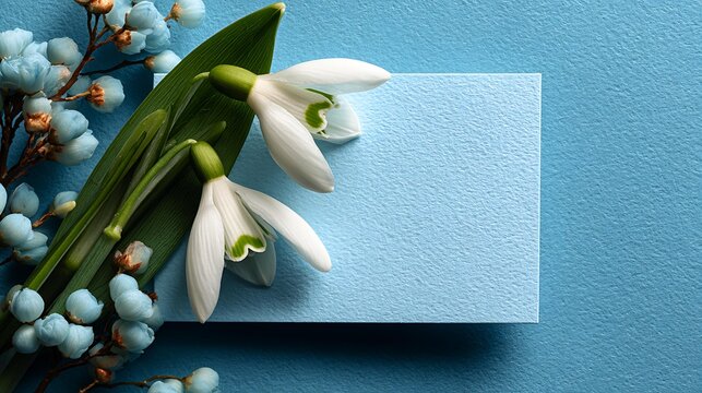 A minimalist flat lay photograph on a soft pastel blue background, rectangular banner with delicate snowdrop flowers Springtime Greetings and Announcements Minimalist Floral Design