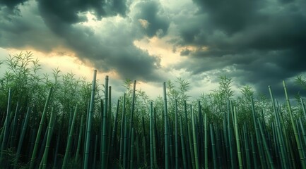 Dense green bamboo forest under a dramatic cloudy sky with sunlight peeking through the clouds creating a moody atmosphere