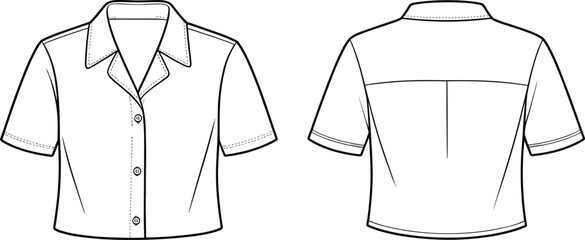 Technical fashion CAD illustration, women short sleeve button up shirt with notched collar front and back view, apparel design sketch, vector template