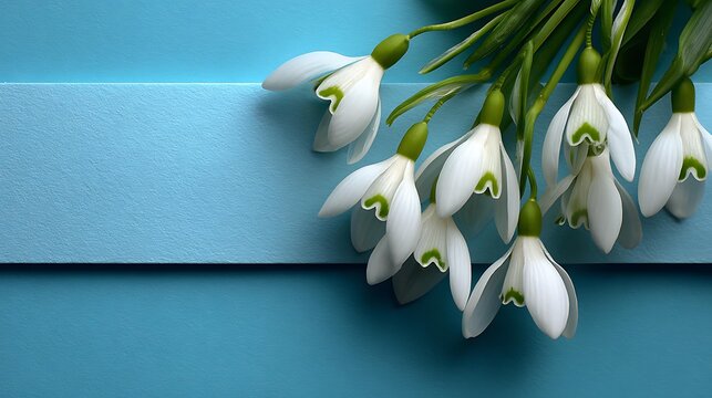 A minimalist flat lay photograph on a soft pastel blue background,rectangular banner with delicate snowdrop flowers Springtime Greetings and Announcements Minimalist Floral Design