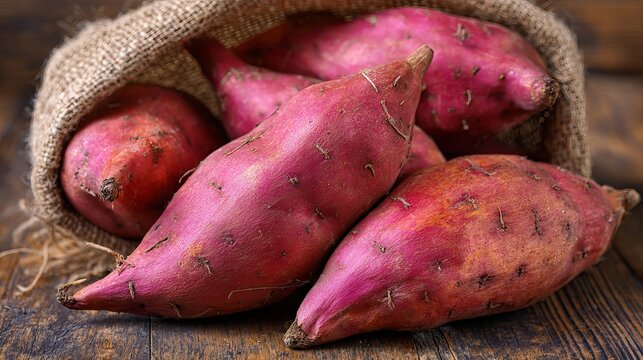 Fresh sweet potatoes overflowing from burlap sack on rustic wood table, perfect for autumn harvest, healthy eating, and Thanksgiving recipes - Powered by Adobe