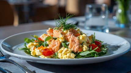 Salmon salad with scrambled eggs on the table in the restaurant