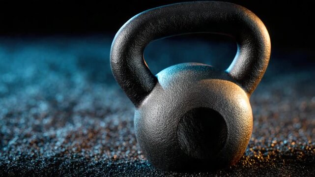 A close-up shot features a textured black kettlebell on a speckled surface with blue and orange highlights
