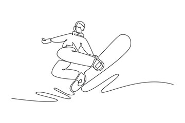 Fototapeta premium Continuous one line drawing young man wearing winter gear is airborne, executing dynamic jump with board raised, fluid motion, extreme winter sport. Single line draw design vector graphic illustration