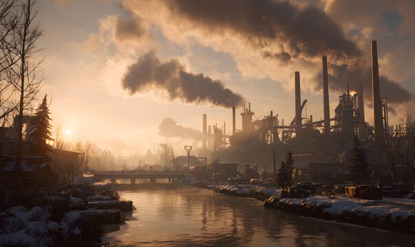 Industrial landscape with smoking chimneys and a river reflecting the dramatic sky at sunset evoking a sense of environmental impact - Powered by Adobe