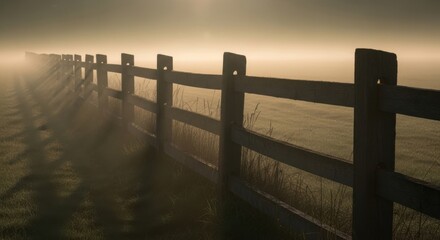 Serene morning landscape with wooden fence and misty sunrise