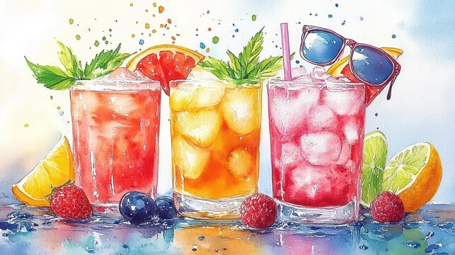 Colorful watercolor painting of three refreshing cocktails with ice, garnished with citrus slices, berries, mint leaves, and sunglasses on a bright wet surface