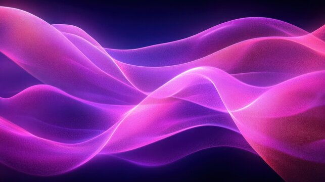 Smooth flowing translucent waves in pink and purple hues creating an abstract luminous dynamic pattern on a dark background