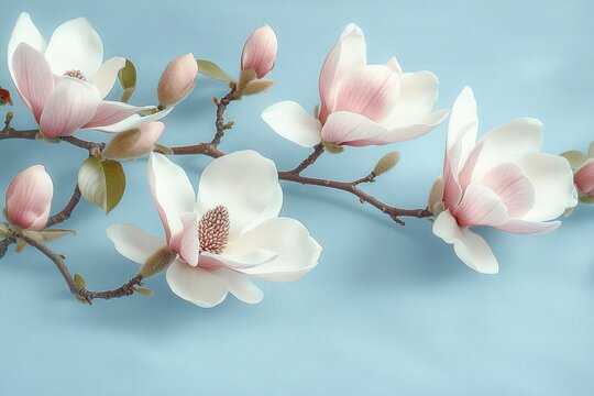 Close-up of delicate magnolia branch with white and pink blossoms against a soft blue background conveying calm and natural beauty