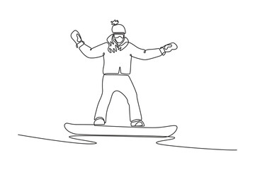 Single continuous line drawing young girl wearing beanie and goggles is snowboarding in low, wide stance with arms spread for balance. Dynamic motion. One line draw graphic design vector illustration