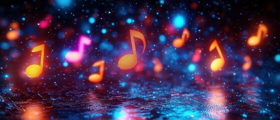 Glowing musical notes floating above a digital circuit board with colorful bokeh lights creating a vibrant, futuristic atmosphere
