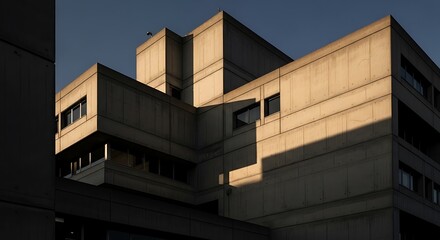 Dramatic Sunlit Corner of Brutalist Concrete Building Facade
