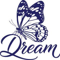 Vector art of elegant blue butterfly with detailed wings above the word dream in cursive
