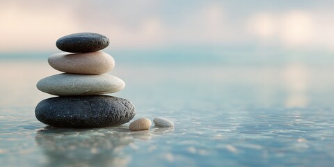 Zen stones stacked on calm water with soft sky backdrop creating tranquil composition, concept for mindfulness meditation, wellness promotion and spa retreat advertising