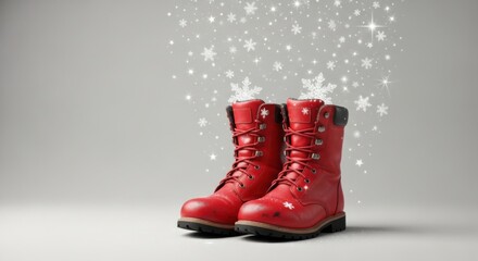 Festive red boots with snowflakes for winter holiday celebration and seasonal design