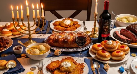 Hanukkah celebration with traditional foods, candles, and symbols on festive table setting