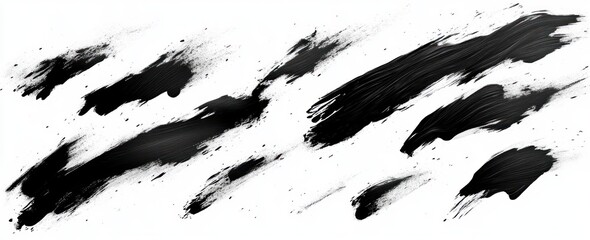 Abstract black paint brush strokes on white background with varying thickness and texture creating dynamic visual patterns
