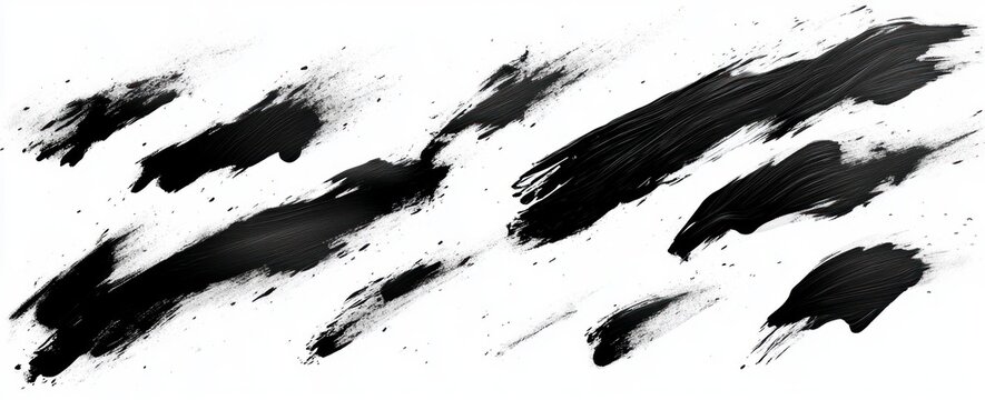 Abstract black paint brush strokes on white background with varying thickness and texture creating dynamic visual patterns - Powered by Adobe